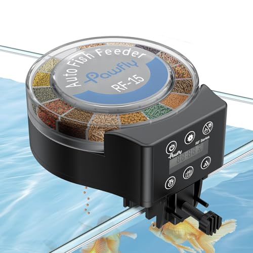 Pawfly Automatischer Fischfutterautomat für Aquarium mit Urlaubs-Timer, 108 ml Einstellbarer Futterspender für Pulver, Pellets und Granulate, batteriebetrieben (Batterien Nicht enthalten von Pawfly