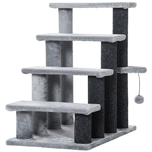 PawHut Haustiertreppe Katzentreppe mit Kratzbaum Ball 4-stufige Hundetreppe Tiertreppe Spanplatte Plüsch Jute Grau 60 x 40 x 64 cm von PawHut