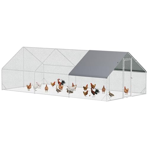 PawHut Hühnerstall Freilaufgehege aus Stahl, 300 x 600 x 200 cm Hühnerkäfig mit Abdeckung, Tür, Hühnergehege für 12-18 Hühner, Kleintiere, Silber von PawHut
