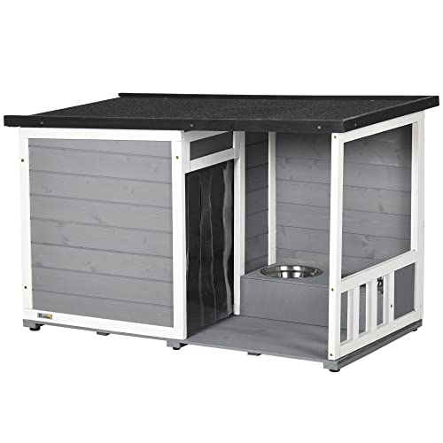 PawHut Hundehütte aus Holz, Hundehaus mit 2 Schüsseln, Terrasse, Outdoor Hundehaus Kleintierhaus für kleine Hunde mit Asphaltdach, für Draußen, Wetterbeständig, Grau, 103 x 62 x 60-66 cm PawHut Hundehütte aus Holz, Hundehaus mit 2 Schüsseln, Terrasse, Outdoor Hundehaus Kleintierhaus für kleine Hunde mit Asphaltdach, für Draußen, Wetterbeständig, Grau, 103 x 62 x 60-66 cm von PawHut