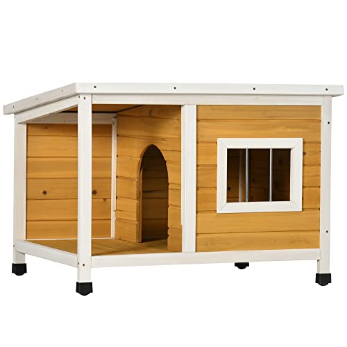 PawHut Hundehütte Tannenholz Hundehütte mit Terrasse und aufklappbarem Asphaltdach Hütte für Kleine Hunde Indoor Outdoor Wetterfest Orange 85,5 x 62 x 60 cm von PawHut