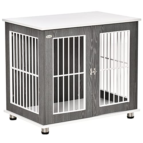 PawHut Hundehütte Hundehaus aus Holz Transportbox Kleintierkäfig für mittelgroße und kleine Hunde erhöhtes Design innen Stahl Grau+Weiß 85 x 55 x 75 cm von PawHut