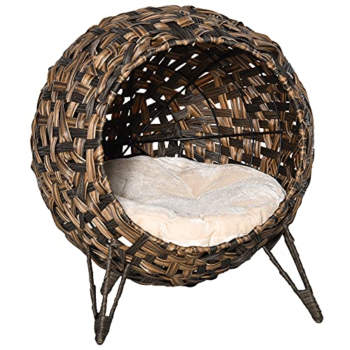 PawHut Katzenhaus aus Rattan mit Kissen Katzenschlafplatz Katzenhöhle mit erhöhten Füßen Braun Ø52 x 58 cm von PawHut