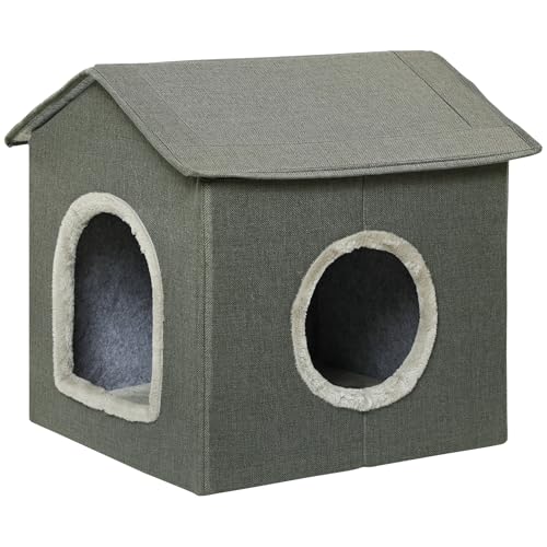 PawHut Katzenhöhle, Katzenhaus mit Kissen, Kratzbrett, Zwei Türen, XXL Katzenhütte Hundehütte Hundehöhle, Katzenbett für Katzen bis 5 kg, Grau, 39 x 43,5 x 40,5 cm von PawHut