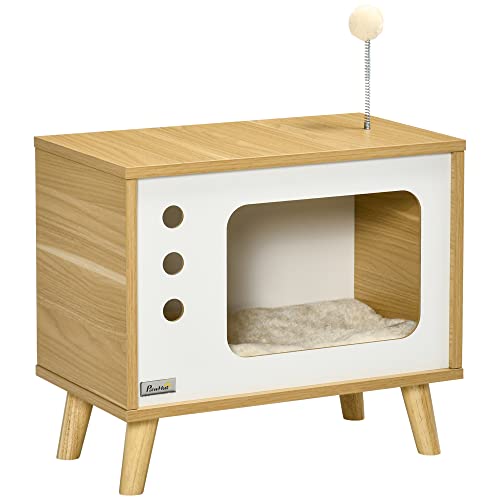 PawHut Katzenhaus, Katzenkiste TV-förmige mit Spielball, Kratzmatte Indoor Katzenhütte Katzenschrank Katzenunterstand Katzenbett, Katzenhöhle für Innen Draußen 50 x 28 x 43 cm Eiche+Beige+Weiß von PawHut