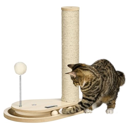 PawHut Kratzstamm für Katzen, 40 cm, Kletterbaum mit Holzkugel-Katzenspielzeug, Drehscheibe Katze Kratzbaum, Katzensäule, Spielbaum, Natur von Pawhut