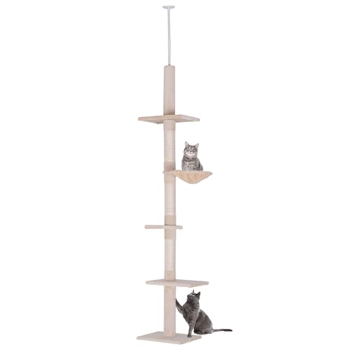 PawHut Kratzbaum Deckenhoch höhenverstellbar, Katzenbaum mit Sisalsäulen, Katzenkratzbaum, Katzen Kletterbaum, Beige, 40 x 34 x 230-260 cm von PawHut