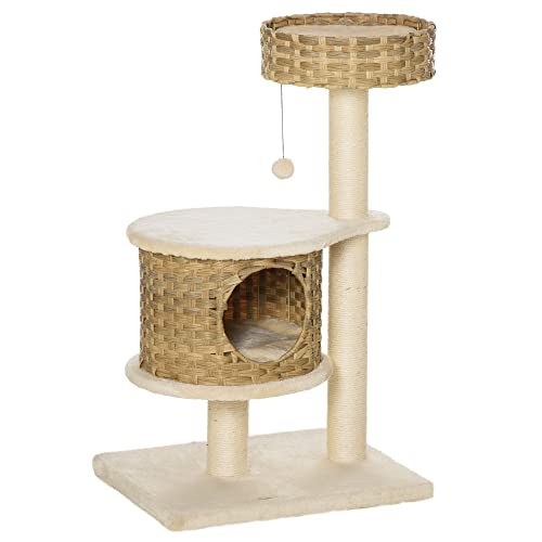 PawHut Kratzbaum Rattan 95 cm Höhe 3-Stufiger Katzenbaum mit Platform, Katzenbett, Kletterbaum mit Katzenhöhle Sisalstämmen Spielbälle Katzenmöbel Sisal Natur+Beige von PawHut