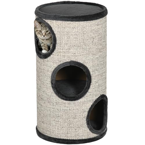 PawHut Kratztonne, Höhe 70 cm, Spieltonne für Katzen, 3 Ebenen, Katzenkratzbaum mit 3 Höhlen, Katzenbaum, Kratzturm aus Sisal, Katzenmöbel, Plüsch, Hellgrau von PawHut