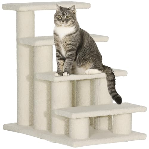 PawHut Tiertreppe Katzentreppe Hundetreppe Treppe für Katze und Hunde 4 Stufen Beige 63,5x43x60cm von PawHut