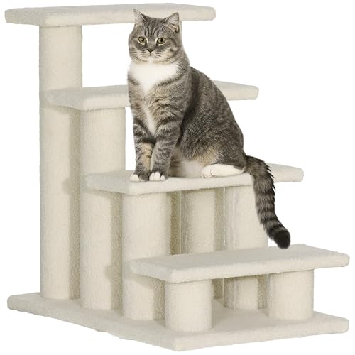 PawHut Tiertreppe Katzentreppe Hundetreppe Treppe für Katze und Hunde 4 Stufen Cremeweiß 63,5x43x60cm von PawHut