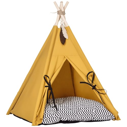 PawHut Tipi-Zelt für Haustiere, Tierbett im Tipi-Design, Katzenzelt mit Kissen, Katzenhaus mit rutschfestem Boden Spielball, Hundebett zum schlafen, Katzenbett, Kiefernholz, Indoor, Gelb von PawHut