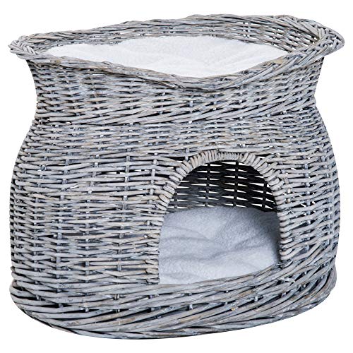 PawHut Rattan Katzenkorb Katzenhütte mit Kissen Katzenhöhle Katzenhaus mit Liegedach Haustierbett aus Wasserhyazinthe für Wohnzimmer Grau 56 x 37 x 40 cm von PawHut