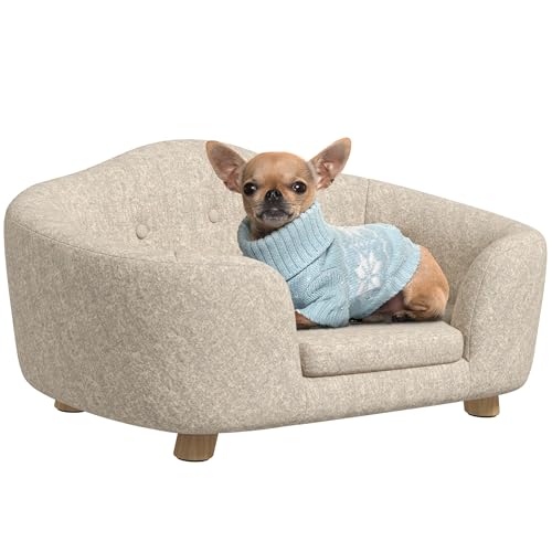 PawHut Haustiersofa Hundematte Hundebett Hundesofa Hundecouch Katzen Sofa mit Kissen Rückentasche Plüsch Schaumstoff Kiefernholz Cremeweiß 70 x 47 x 30 cm von PawHut