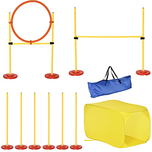 PawHut Hunde Agility Hürden Set, Hundetrainings-Set, Hindernislauf, Kunststoff, Polyester, Gelb, 128 x 23 x 9-100 cm von PawHut