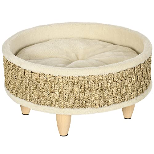 PawHut Erhöhtes Haustiersofa, Luxus katzensofa mit waschbarem Kissen, Haustierbett Hundeliege mit Seegrasseil und Holzbeine, Hundecouch, Rund, Indoor, Beige+Khaki, 48 x 48 x 24,5 cm von PawHut