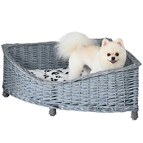 PawHut Hundesofa aus Ratten Haustierbett für kleine Katzen und Hunde Haustiersofa Katzensofa Weichem Bezug Eck Hundebett Hundecouch Weide Plüsch Grau 68 x 68 x 32 cm von PawHut