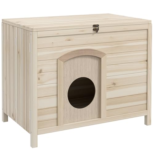 PawHut Hundehütte Hundehaus faltbar Haustierhaus mit Klappdach Katzenhaus Massivholz Natur 78 x 51 x 62 cm von PawHut