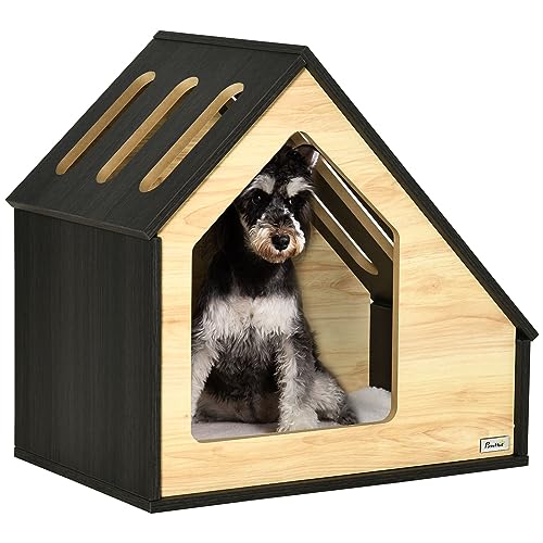 Pawhut Hundehütte aus Holz Indoor Katzenhöhle Katzenhaus Hundeschlafplatz mit Kissen Hundehaus Hundehöhle mit schrägem Dach für kleine Hunde bis 8 kg 60 x 40 x 59,2 cm von PawHut