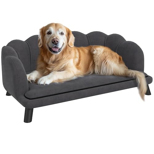 PawHut Hundesofa mit Rückenlehne Haustiersofa mit Holzbeinen Hundebett Weichem Bezug, Katzensofa Dunkelgrau 98,5x60,5x35,5 cm von PawHut