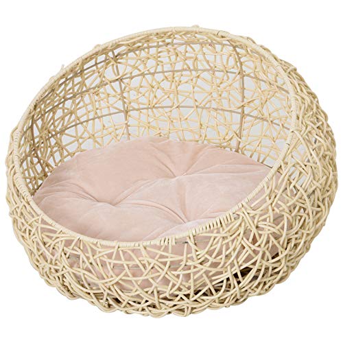 PawHut Katzenbett aus Rattan Katzenhöhle mit Kissen Katzenkorb Hundebett Katzenschlafplatz Hundehütte Tierbett für Katzen Hunde Beige Ø56 x 35 cm von PawHut