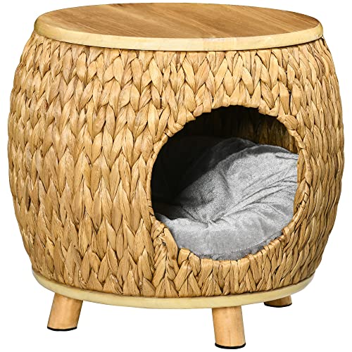 Pawhut Katzenhöhle aus Rattan 2-in-1 Design Katzenkorb mit Kissen Katzenbett Katzenhütte Haustierbett Wasserhyazinthengras Paulownia Holz Hellbraun+Grau 44 x 43 x 42 cm von PawHut