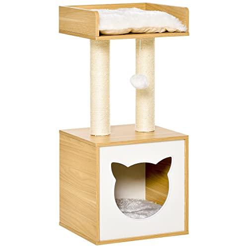 PawHut Katzenhöhle mit 2 weichen Kissen Katzenbaum mit Katzenbett Spielzeug Kugel Katzenhaus, Sisal Natur 35 x 35 x 81 cm von PawHut