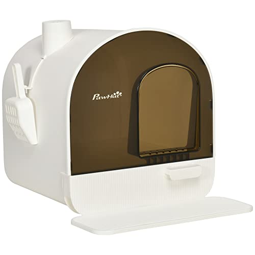 PawHut Katzentoilette mit Deckel, Katzenklo inkl. Schaufel und Streu-Matte, Ausziehbares Tablett, Katzenklo für Katzen bis 5 kg, Weiß+Schwarz, 43 x 44 x 47 cm von PawHut