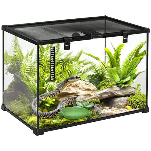 PawHut Terrarium für Reptilien Reptile Fütterungsbox Glasterrarium Amphibien Spinnentiere mit Thermometer Reptilienzuchtbox Metall Schwarz 50 x 30 x 35 cm von PawHut