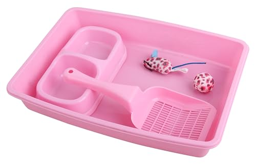 PAWISE Katzentoilette für Katzen | Katzenklo offen mit Rand und Katzenklo Schaufel |Einfach zu reinigendes Katzenklo offen |Streuschaufel, Futternapf & Spielzeug für Kätzchen, 36,7 x 26,7CM, Rosa von PAWISE