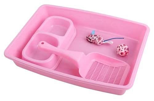 PAWISE Kleine Katzentoiletten-Set enthält 4 Stück, Katzentoilette mit niedrigem Eingang, Katzenstreu-Scooter, Katzennäpfe, Katzen-Maus-Spielzeug für Kätzchen, 36,7 x 26,7 cm, Rosa von PAWISE