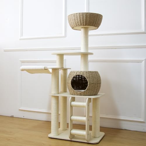 Pawlabay Holz-Katzenbaum für Indoor-Katzen, 137,2 cm hoch, Rattan-Katzenbaum mit Kratzbaum und Rattannest, MK240059 von PawlaBay