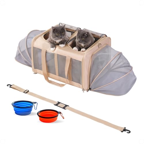 Pawlen Doppel-Katzentragetasche für 2 Katzen mit herausnehmbarem, weichem Polster (100 x 43 x 33 cm), zusammenklappbare und erweiterbare Haustier-Tragetasche für große Katzen und kleine Hunde, 15,9 von Pawlen