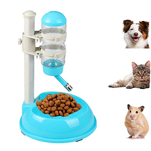 Pawow Pet Dog Cat Automatic Water Food Feeder Bowl Bottle Standing Dispenser with Detachable Pole Height Adjustable Automatically Drinking Water Bottle 500ML (Blue) von Pawow