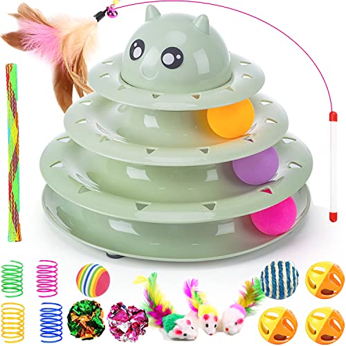 17 Stück Katzenspielzeug Interaktives Katzenspielzeug für Indoor Katzen 3 Schicht Türme Rollenbahnen Katzen Teaser Spielzeug mit Feder Katzenspielzeug, Katzengras, Ball, Glocke, Mausfeder von Pawsayes
