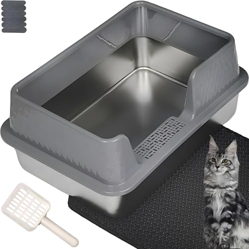 Pawsayes Edelstahl-Katzentoilette mit Deckel für alle Katzen, extra große Katzentoiletten mit 10 cm Spritzschutz, hohe Wandseite, für Kätzchen (50 x 35 x 20 cm) (grau) von Pawsayes