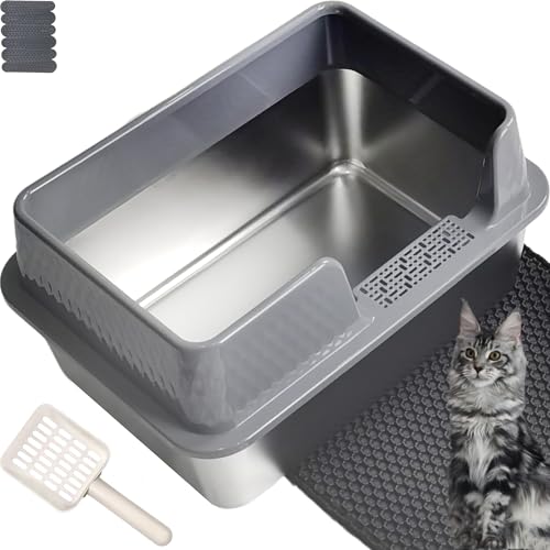 Katzentoilette aus Edelstahl, mit 10 cm hoher Wandseite, Anti-Verschütten, abnehmbares Gehäuse für alle Kätzchen (50 x 35 x 25 cm), Grau von Pawsayes