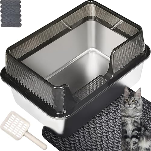 Pawsayes Edelstahl-Katzentoilette mit Deckel für alle Katzen, extra große Katzentoiletten mit 10 cm Spritzschutz, hohe Wandseite, für Kätzchen (50 x 35 x 25 cm) (transparent) von Pawsayes