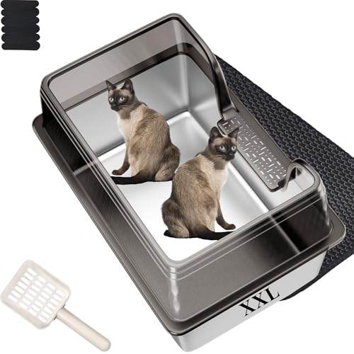 Katzentoilette aus Edelstahl mit 10 cm hoher Wandseite, Anti-Verschütten, abnehmbares Gehäuse für alle Kätzchen (Hellschwarz, XXL) von Pawsayes
