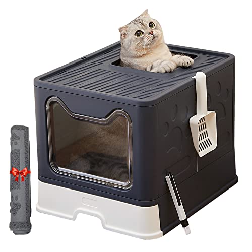 Pawsayes katzentoilette, Kätzchen Große überdachte Streu Tray für Katzen und Kaninchen, Große geschlossene Katzenstreu Box mit Deckel mit Streu Matte, Katzentoilette mit Roller und Haustür Schwarz von Pawsayes