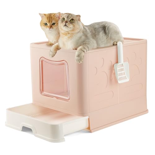Pawsayes Extra große Katzentoilette, verdeckte, faltbare Katzentoilette mit Deckel für mittelgroße und große Katzen, XL-Größe, hohe Wand-Kätzchen-Toilette für mehrere Katzen (Rosa) von Pawsayes