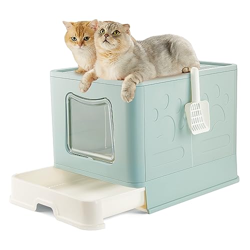 Pawsayes Extra große Katzentoilette, verdeckte, faltbare Katzentoilette mit Deckel für mittelgroße und große Katzen, XL-Größe, hohe Wand-Kätzchen-Toilette für mehrere Katzen (hellblau) von Pawsayes