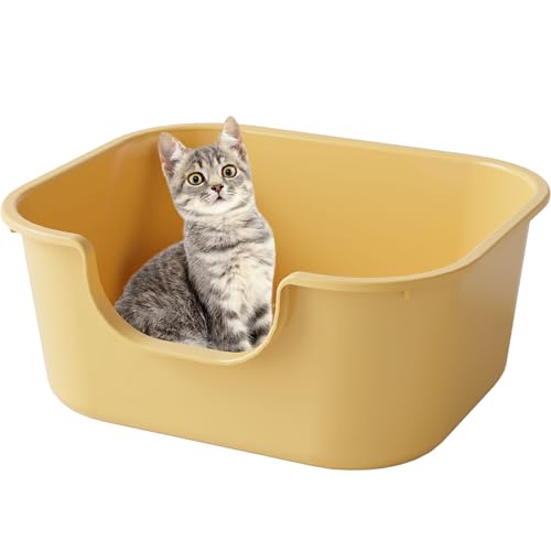 Pawsayes Offener Kattentoilettenträger mit hoher Umrandung und niedrigem Einstiegsrand, abgedichtet und gegen Kieselsturz geschützt (Gelb) von Pawsayes