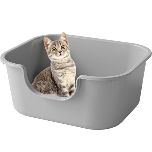 Katzenklo offen hoher Rand große Katzentoilette, einfache Reinigung Katzenklo, abgesenkter Eingang Aufbewahrungsbox mit hohen Seitenwänden, auslaufsicher Katzenklo Cat Litter Box (Grau) von Pawsayes