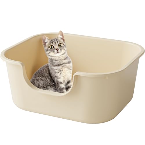 Pawsayes Offener Kattentoilettenträger mit hoher Umrandung und niedrigem Einstiegsrand, abgedichtet und gegen Kieselsturz geschützt (Beige) von Pawsayes