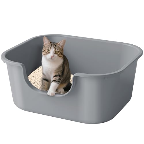 Pawsayes Katzentoilette oben offen mit hoher Seite und niedrigem Schwelleneintritt Katzentoilette auslaufsicher und Katzenstreu Spritzschutz Katzentoilette (Grau) von Pawsayes
