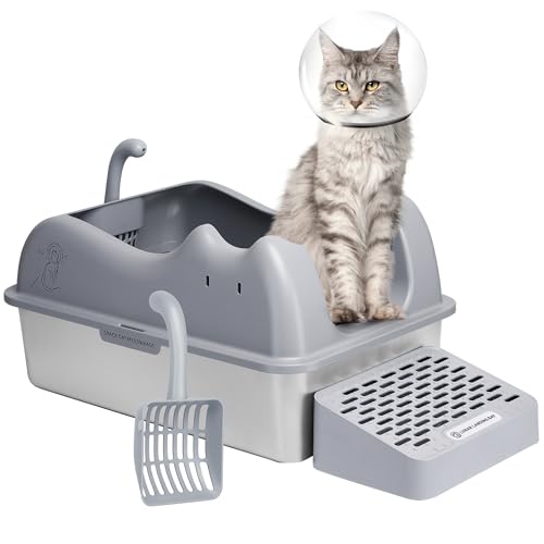 Pawsitive Rise XL Katzentoilette aus Edelstahl mit Deckel, abgedeckt, hohe Seiten, antihaftbeschichtet, halbgeschlossen, extra groß für große Katzen, geruchsfrei, inklusive Schaufel und Tuch, von Pawsitive Rise