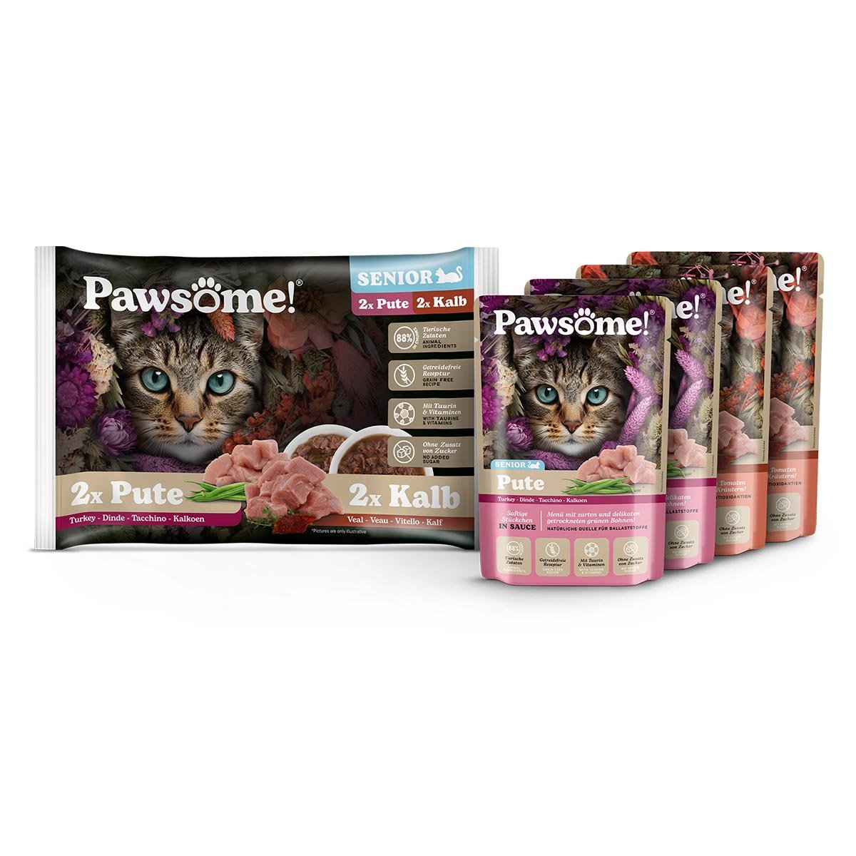 Pawsome Senior Pute & Kalb Mixpack 4x85g Pawsome Senior Pute & Kalb Mixpack 4x85g von Pawsome!