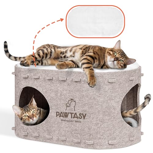 Pawtasy Katzenhöhle Filz Katzenbett Höhle Katzenhaus für Indoor Katzen Höhle mit 2 Weiche und abnehmbar Kissen Winterfest, Schutz der Katzennägel, 58T x 33B x 30H cm, Beige von Pawtasy