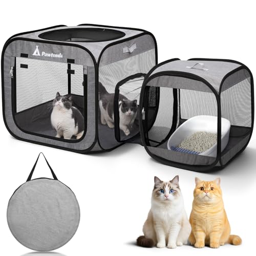 Pawtenda Tragbarer Katzenlaufstall, faltbarer Katzenkäfig, geschlossenes Katzenzelt für drinnen und draußen, bewegliche Haustierbox für Kätzchen und Welpen (grau) von Pawtenda